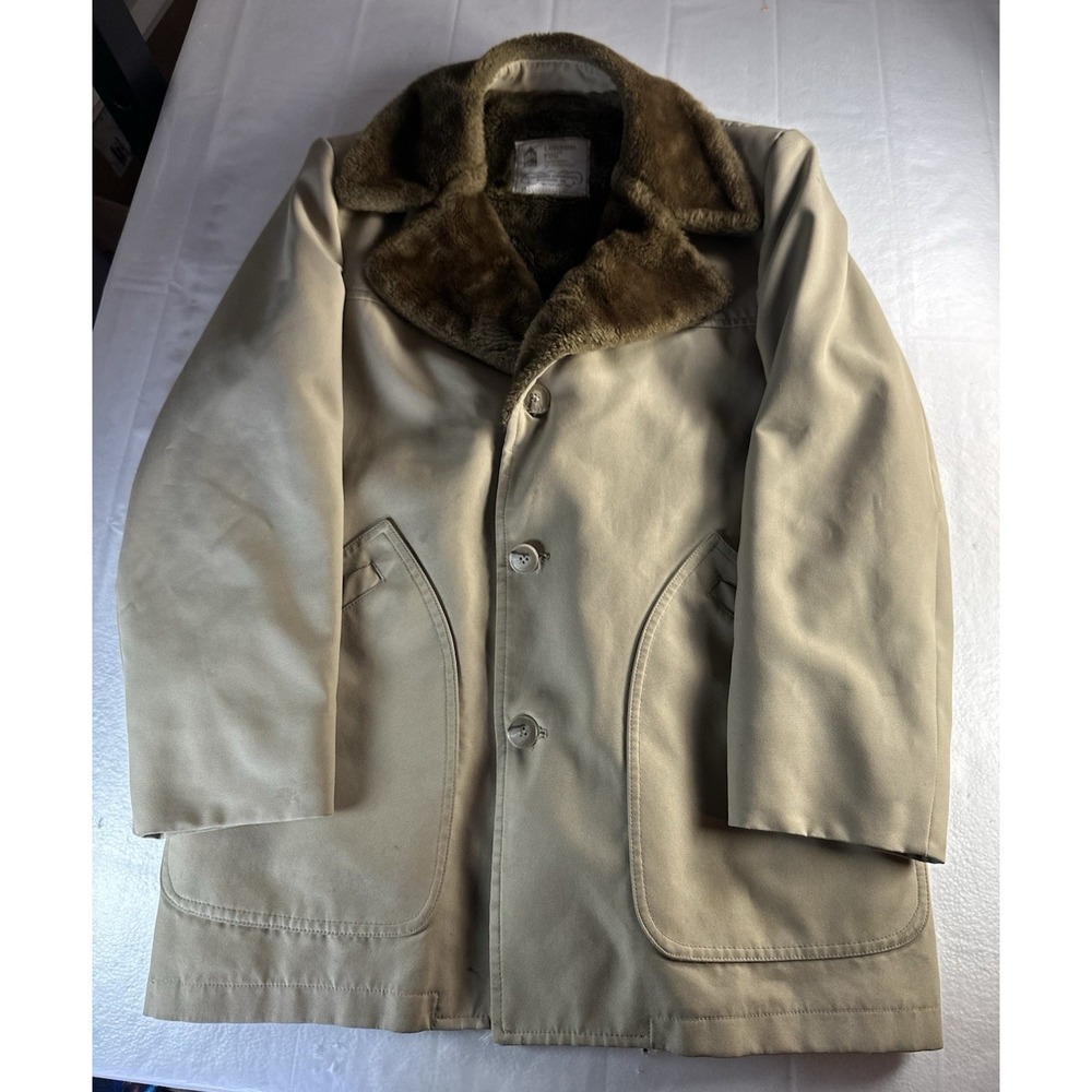 Vintage London Fog Mens 40 Regular Coat Tan Faux Fur Lined Jacket Button Front